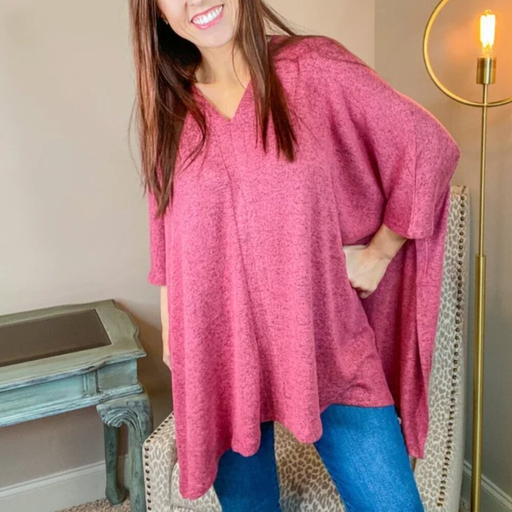 Zenana Oversized Brushed Melange Pink/Mauve V-Neck Poncho Size Small